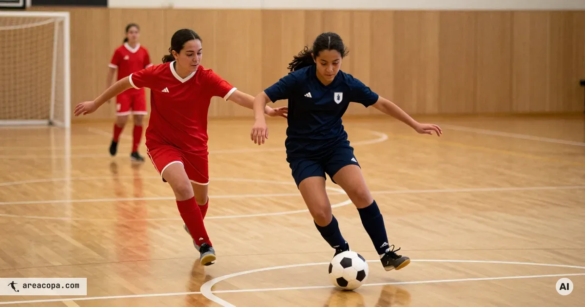 Een speelster van een jaar of dertien in een donkerblauw shirt trekt met een matte zaalvoetbalbal aan haar rechtervoet door de middencirkel op een parketvloer, een verdediger in een rood shirt komt van links bij.