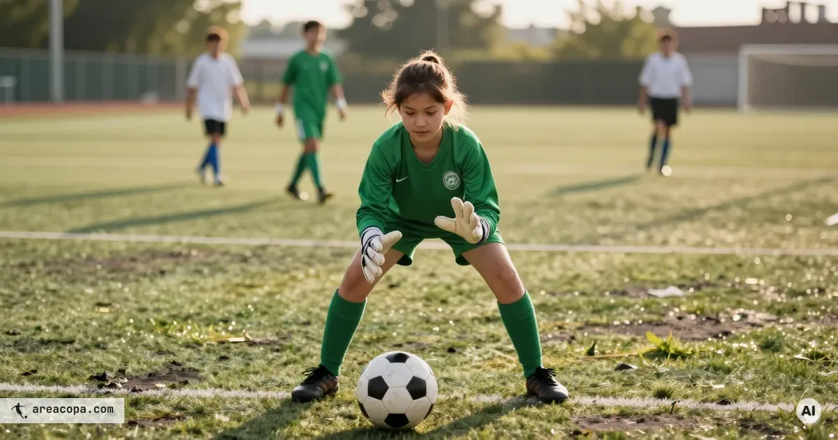 Young goalkeeper in a green jersey in a low ready stance on the goal line, hands open in front of her body, a ball resting on the grass in front of her.