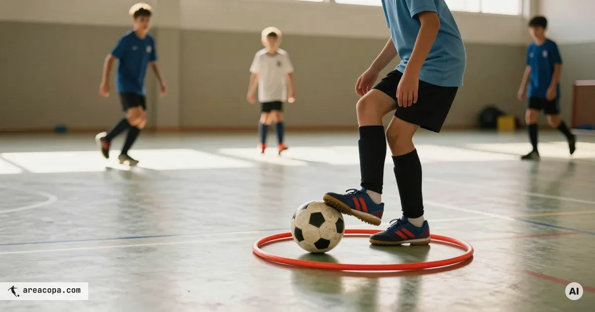 Αγόρι σταματά με το πέλμα μια μπάλα futsal στην άκρη ενός κόκκινου στεφανιού γυμναστικής στο δάπεδο κλειστού γηπέδου, στο παιχνίδι ζεστάματος «Ψάξε νησί». Στο βάθος τρέχουν θολά άλλα παιδιά.