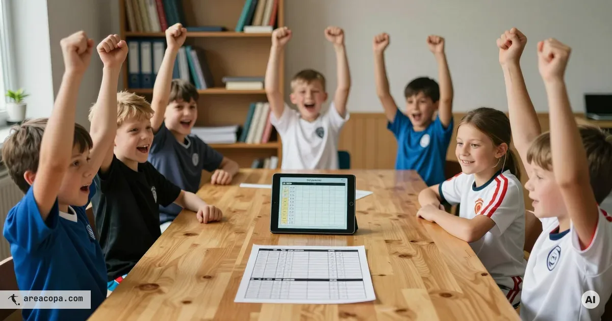 Jublande blandat ungdomslag runt ett bord i klubblokalen, på bordet ett utskrivet spelschema och en surfplatta med ett schema för alla mot alla, i bakgrunden suddiga bokhyllor.