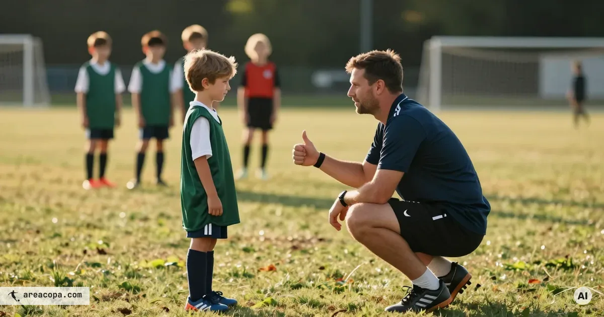 Zijaanzicht van een jeugdtrainer die op een grasveld door de knieen gaat tot op ooghoogte van een jonge speler in een donkergroen hesje en hem rustig een duim omhoog geeft, op de achtergrond onscherp een klein groepje jeugdspelers in het late middaglicht.