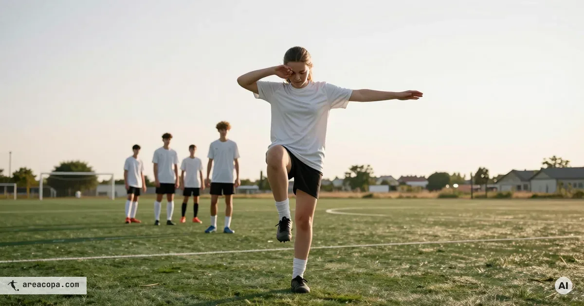 Een tienermeisje in neutrale trainingskleding staat op één been en kijkt over haar schouder, de armen gespreid voor het evenwicht, op een groen trainingsveld met ver op de achtergrond een wazige groep medespeelsters.