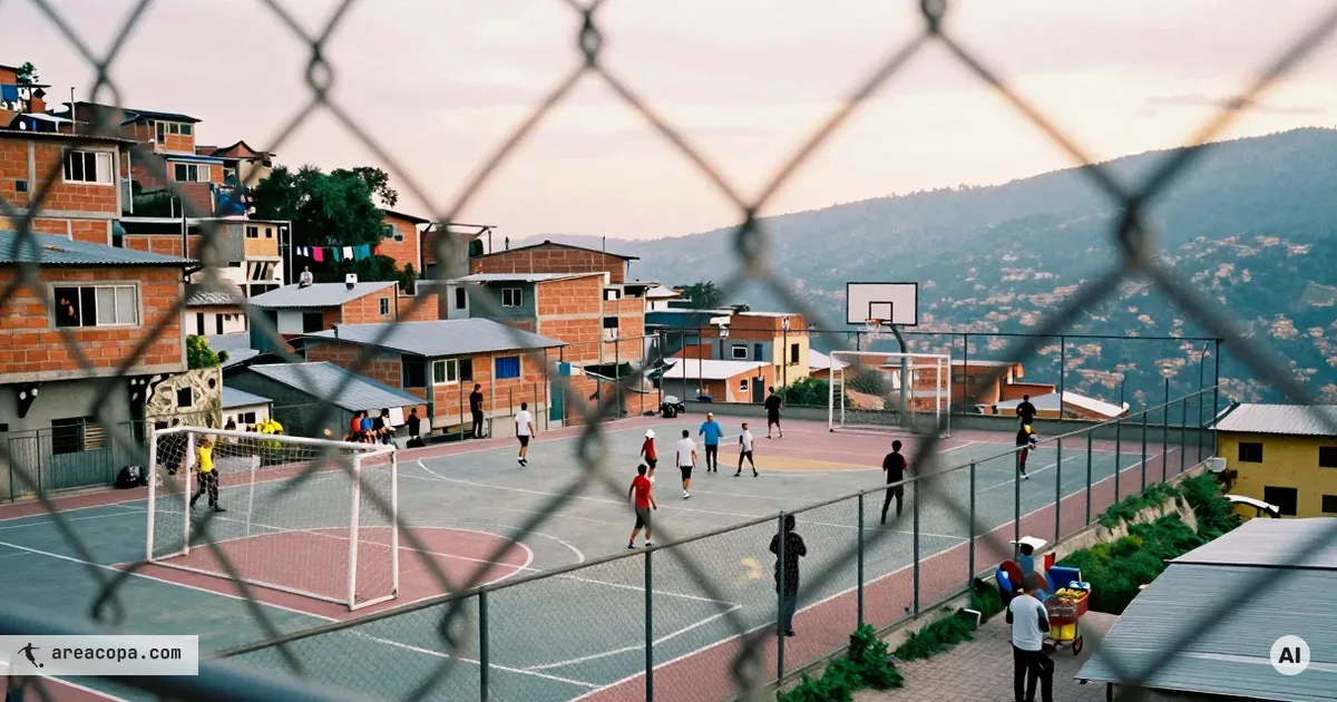 Young soccer player in a white T-shirt running with the ball on a concrete multi-purpose pitch on a hilltop, more players in red and dark jerseys in full action, old white goal with wire mesh on the left, basketball hoop above the goal, dense Latin American hillside settlement with terraced brick houses in the background, distant mountain range under a partly cloudy evening sky.