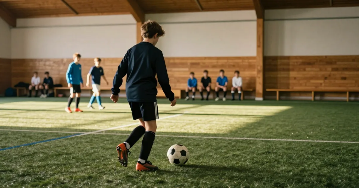 Ung spiller sett bakfra som tar imot en pasning på kunstgress i hallen under en innendørscup, blandet lag uskarpt på benkene.