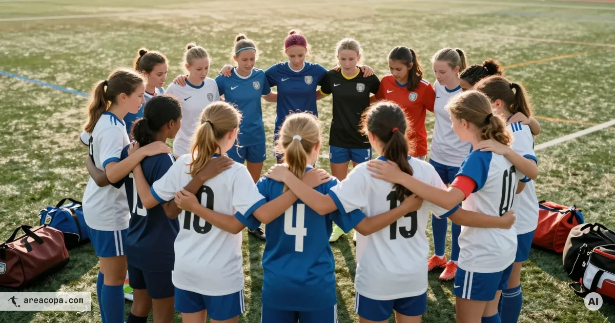 Jugendmannschaft im engen Pre-Match-Huddle aus der Vogelperspektive vor einem Fußballturnier, Spieler mit Armen auf den Schultern auf dem Rasen.