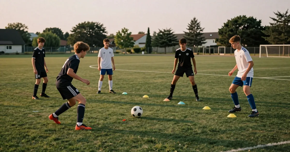 Fünf Jugendspieler beim Rondo-Aufwärmen auf dem Rasen, einer hechtet zum Ball, ein anderer dreht sich zur nächsten Passspur, Hütchen im weichen Abendlicht.