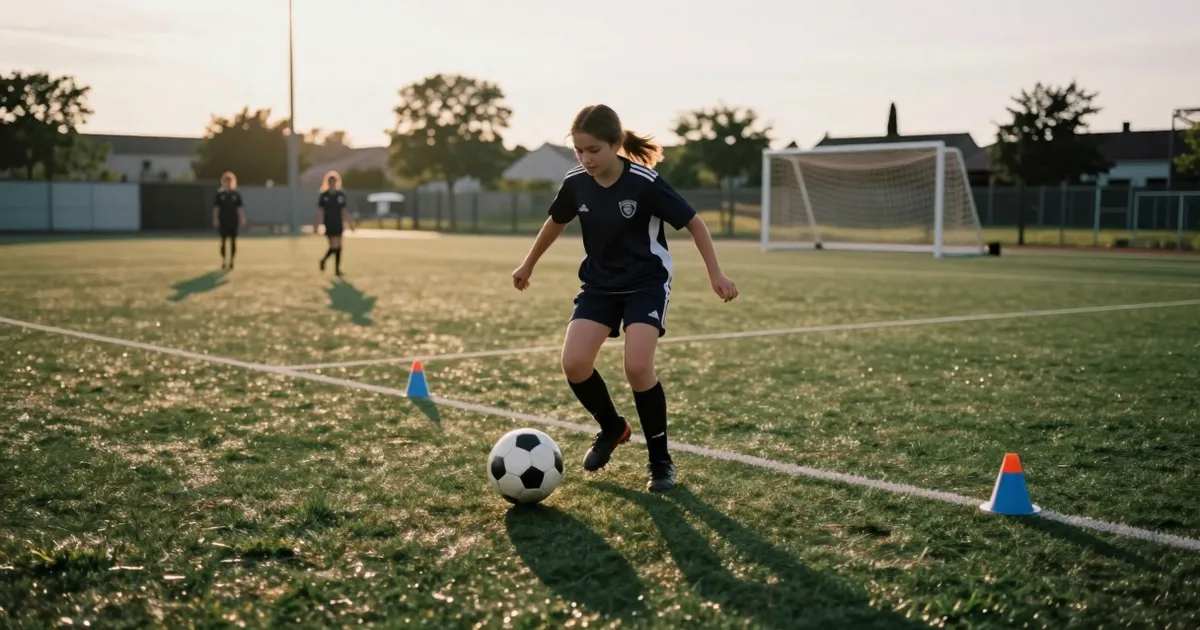 Jugendspielerin dribbelt im Kleinfeldtraining bei Dämmerung mit Ball zwischen Hütchen, lange Schatten auf dem Rasen, Tore unscharf im Hintergrund.