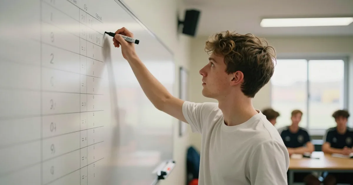 Ung mand holder en tusch op mod en whiteboardtavle med en sløret ligatabel, i baggrunden nogle holdkammerater omkring et bord.