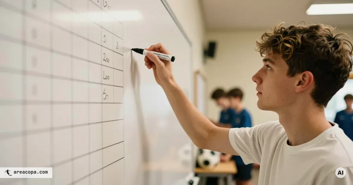 A person sketching a soccer league table on a whiteboard, points columns visible, a few blurred teammates at a table in the background.
