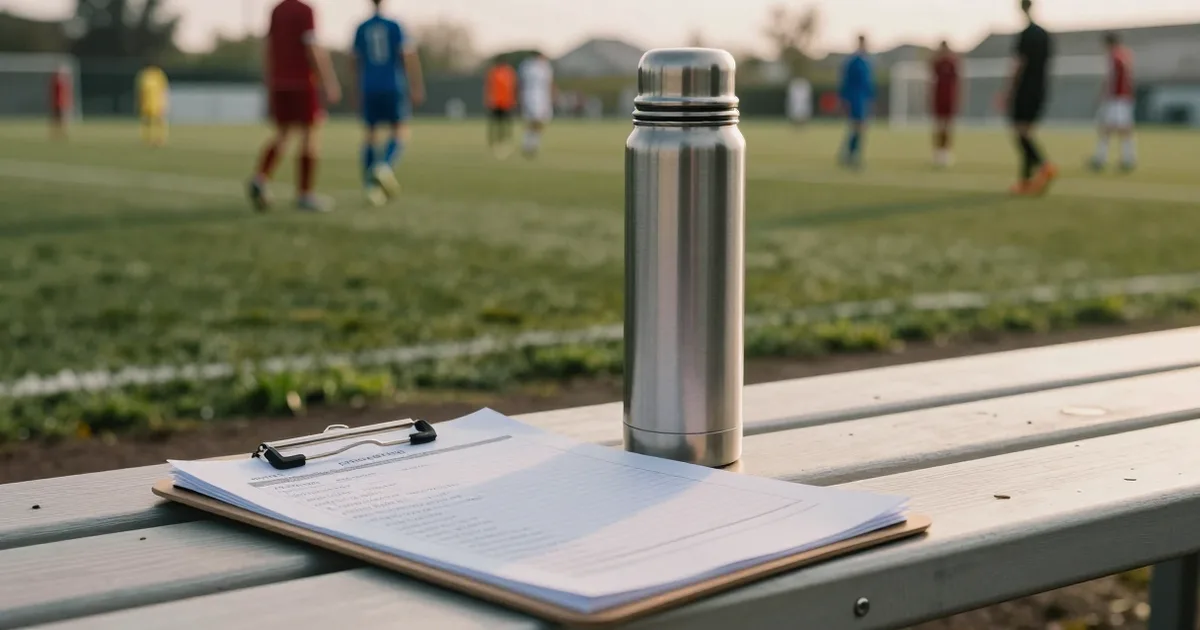 Clipboard with team lists and a stainless steel thermos on a sideline bench during tournament planning, blurred grass pitch with players visible in overcast morning light.