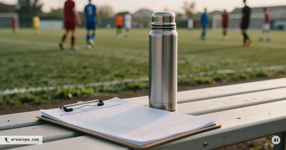 Clipboard with team lists and a thermos flask on a sideline bench during soccer tournament planning, blurred grass pitch with players in overcast morning light.