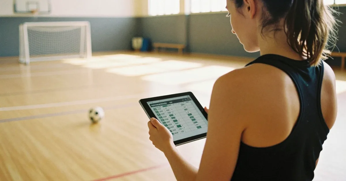Træner set bagfra ved sidelinjen i hallen med en tablet med stævnets kampprogram i hænderne, i baggrunden slørede små mål og en bold, der ligger stille.
