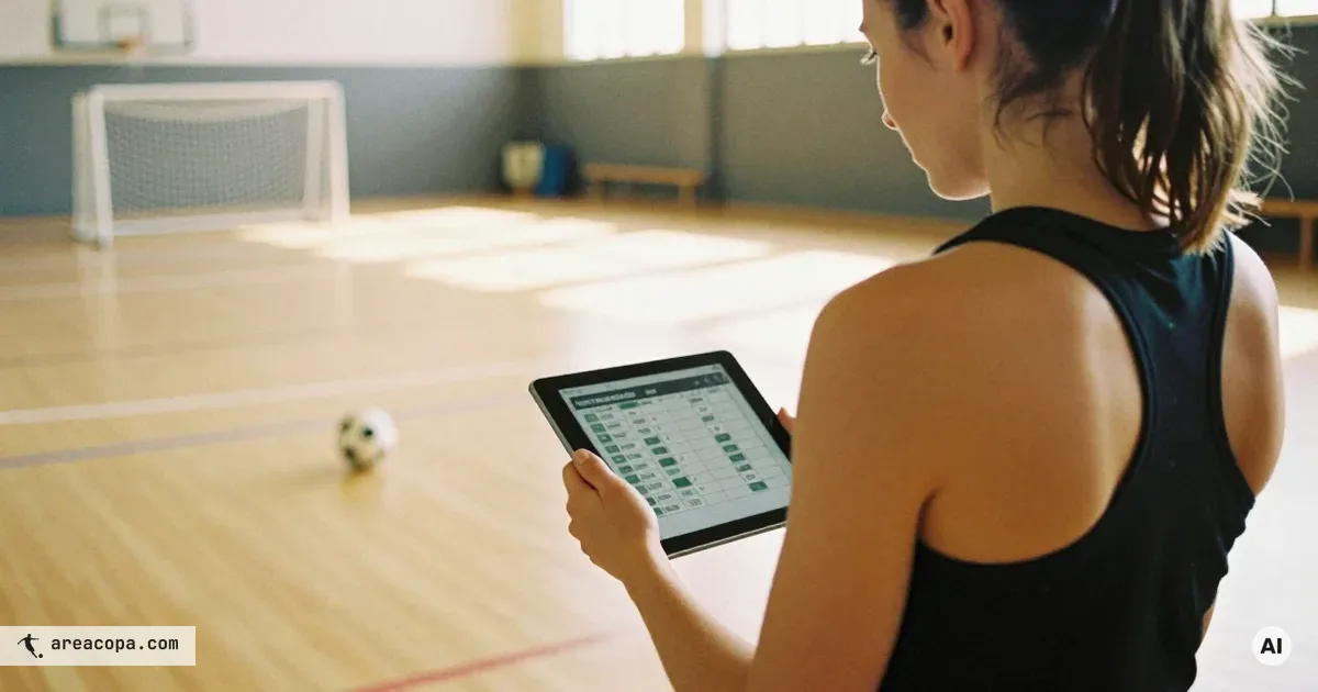 Trainster van achteren langs de zaallijn, met een tablet met het wedstrijdschema in haar handen, op de achtergrond onscherp kleine zaaldoelen en een stilliggende bal.