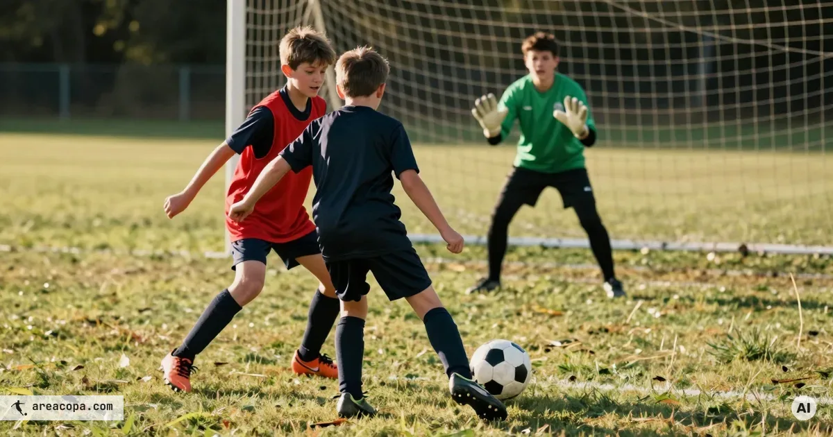 Jeugdspeler tijdens afwerktraining O11 na de schietbeweging, verdediger in rood hesje schouder aan schouder en keeper in groen shirt klaar op de doellijn.