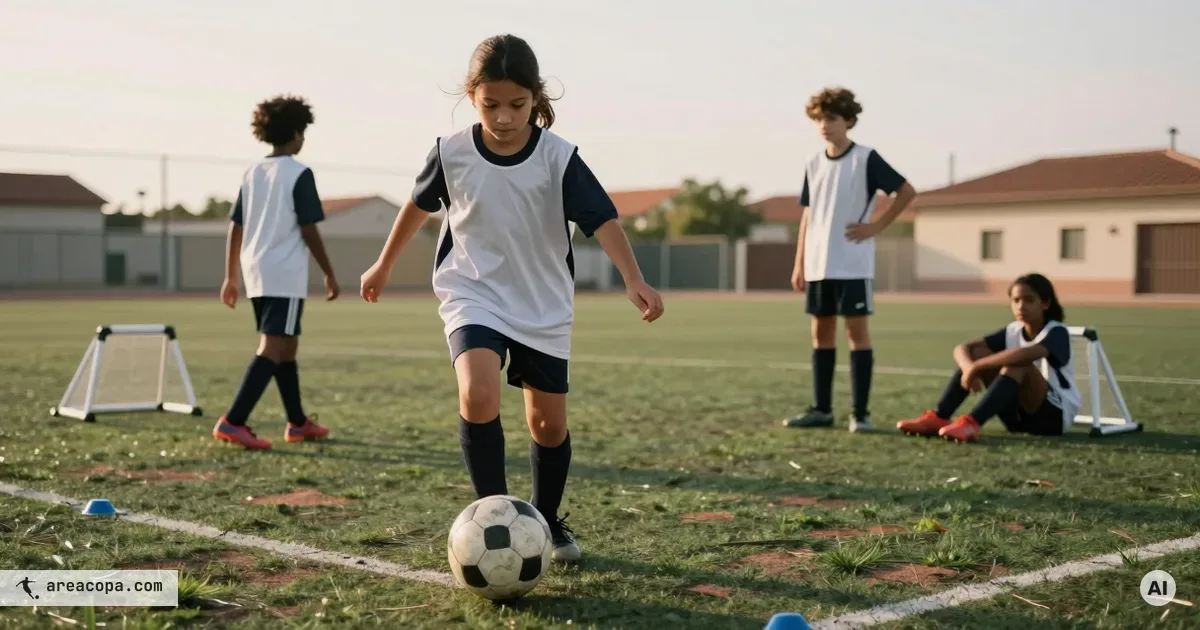 Young girl dribbling a soccer ball on a slightly worn training pitch, four knee-height mini-goals marking the corners, three other children in various positions in the background.