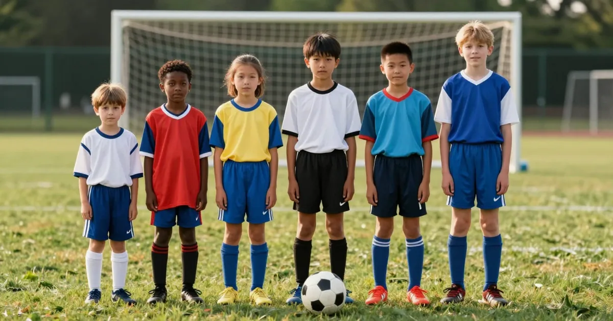Fem børn mellem fem og elleve år på række på græsbanen, sorteret efter højde, med en fodbold foran sig; til spilleformerne i børne- og ungdomsfodbold 2026.