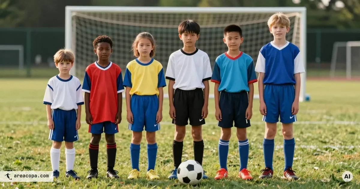 Vijf jeugdspelers van vijf tot elf jaar op een rij op het gras, gesorteerd op lengte, met een voetbal ervoor; passend bij de wedstrijdvormen in het jeugdvoetbal 2026.