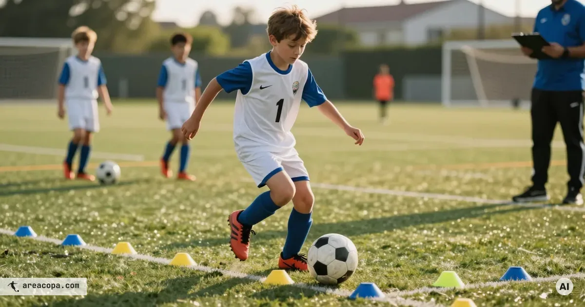 Giovane giocatore con casacca numerata dribbla al provino nel calcio giovanile con il pallone al piede tra i cinesini su un campo in erba.