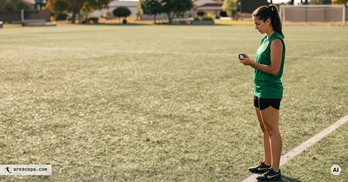Een jonge voetbaltrainster met donker haar in een paardenstaart, in een donkergroen mouwloos trainingsshirt en een zwarte sportbroek, staat met een stopwatch in haar hand aan de rechterrand van het beeld op een leeg, zonnig jeugdvoetbalveld dat naar links wegloopt.