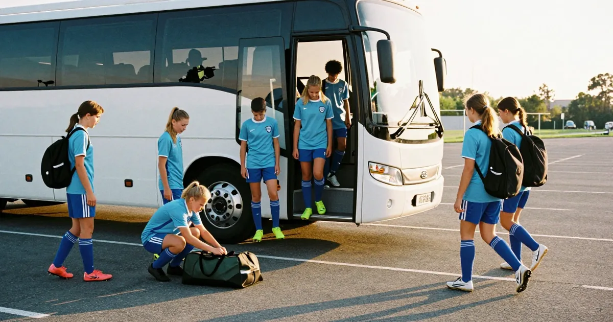 Fotballag i likt spillerutstyr går om bord i en buss ved soloppgang før avslutningsturen, barn med sportsbager på en tom parkeringsplass.