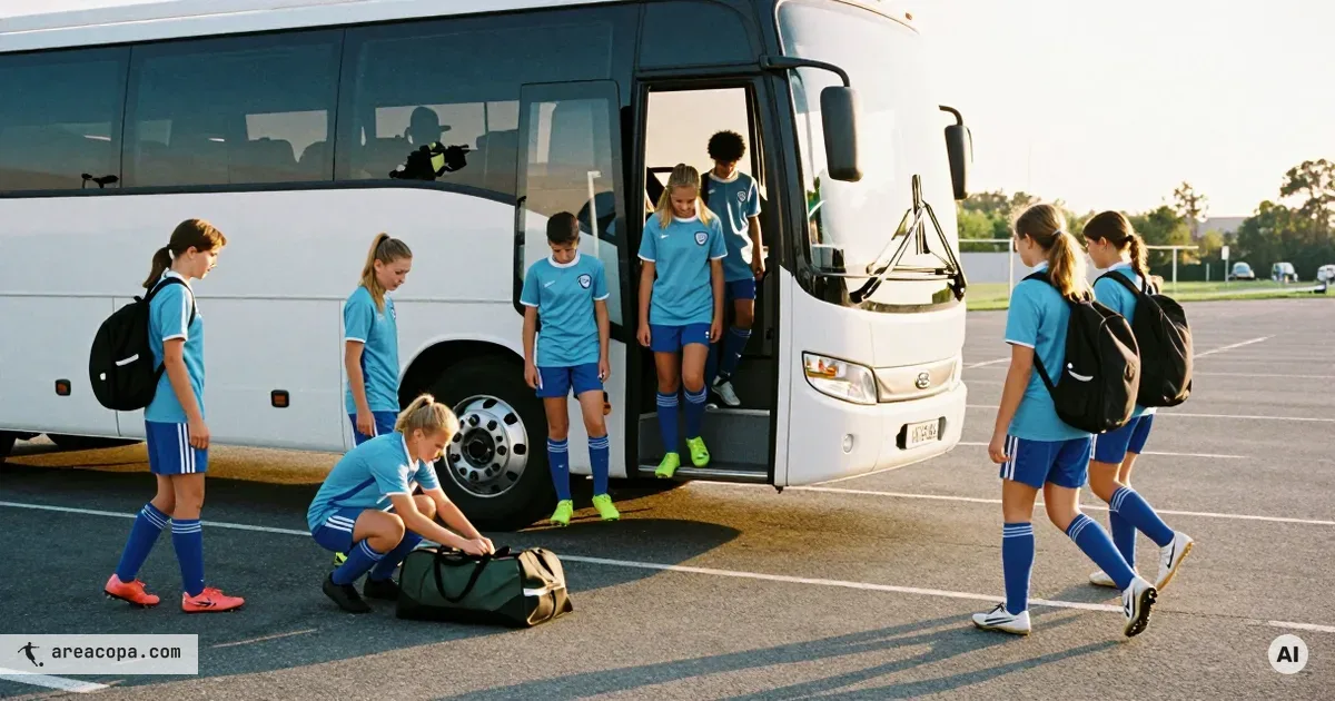 Ungdomslag i matchställ kliver på en buss i gryningen inför avslutningsresan, barn med sportbagar på en tom parkering.